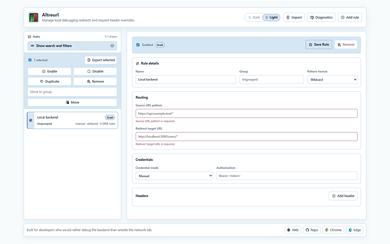 Altreurl options page with a manual credential rule