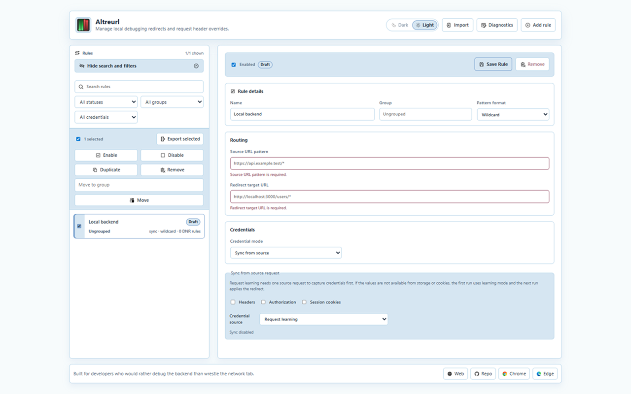 Altreurl options page showing a sync rule and filters